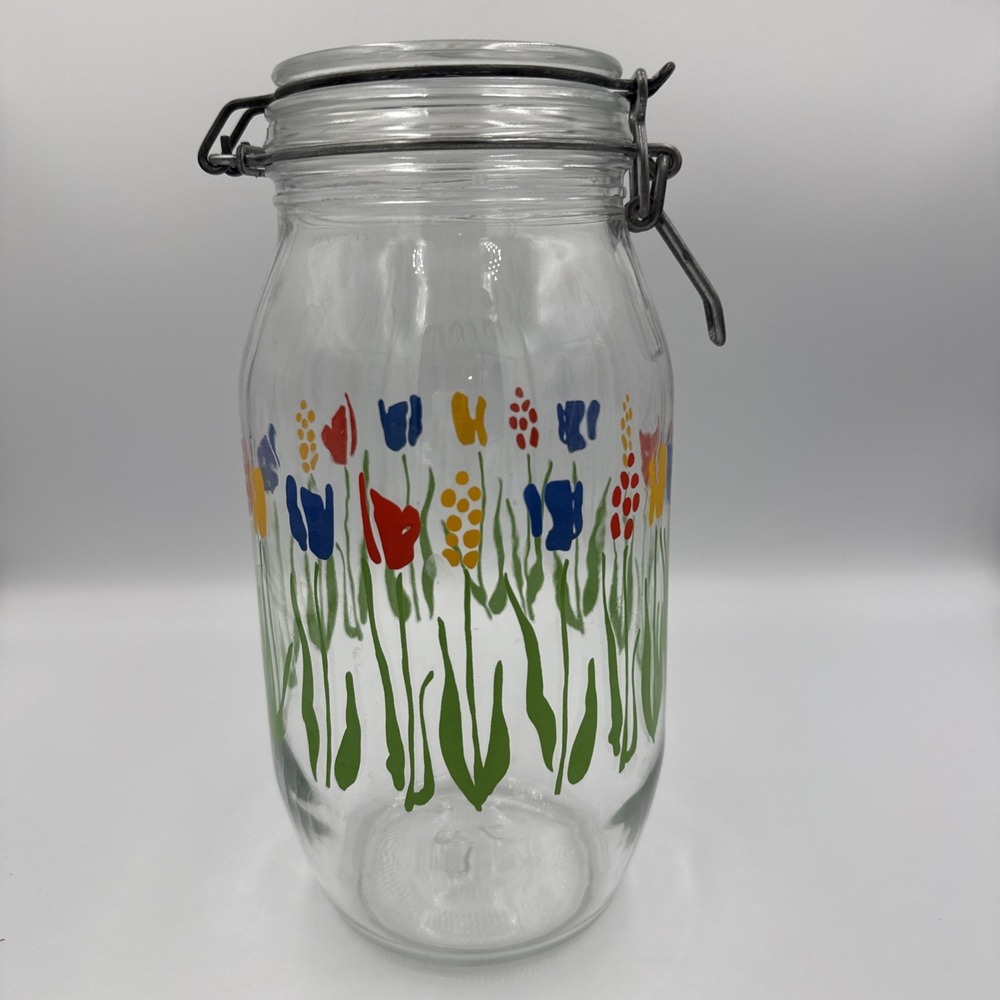 Vintage ARC France R Carman Glass Tulip/Flowers 2 Liter Canister Jar with Latch